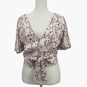 OLIVACEOUS Tie Front V-Neck Blouse in Floral Print Women's Size L